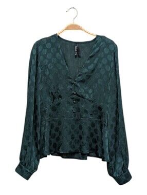 Elli White Romantic Hunter Green Satin Polka Dot Peplum Blouse Large